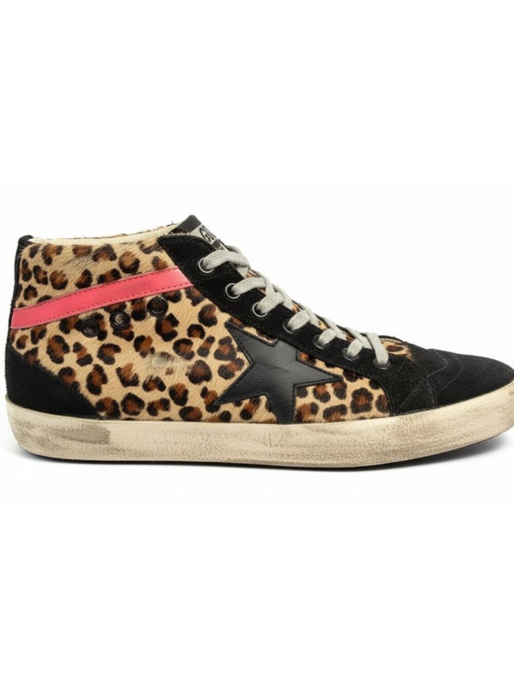 Golden Goose Mid Star Leopard Calf Hair Shearling Sneakers Pink Trim Size 40 10